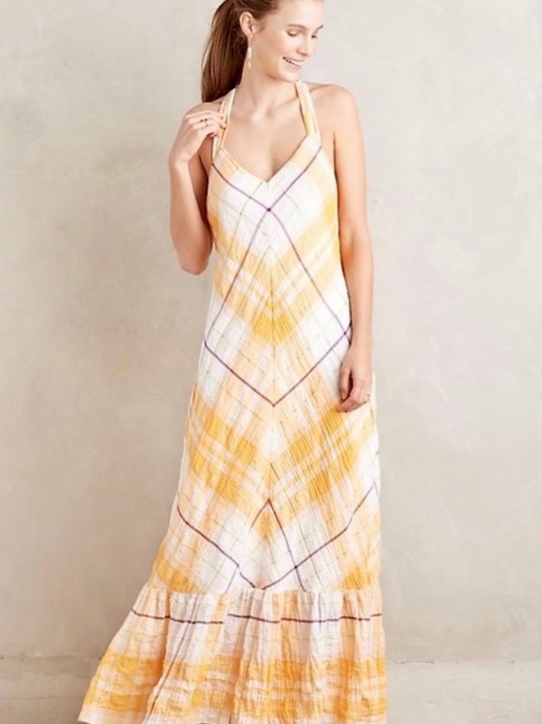 Anthropologie Yellow & White Plaid Halter Maxi Dress